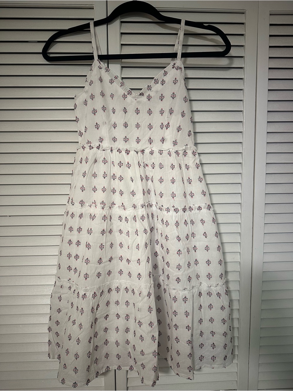 Women’s NWT White Spaghetti Strap Dress with Blue & Red Print